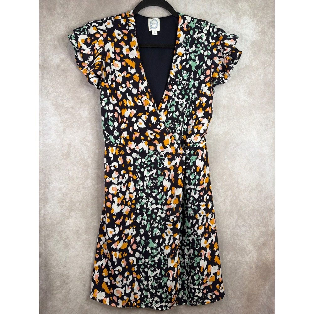 Blue Rain Wrap Dress Womens Small Navy Blue Multicolor Abstract Leopard Print